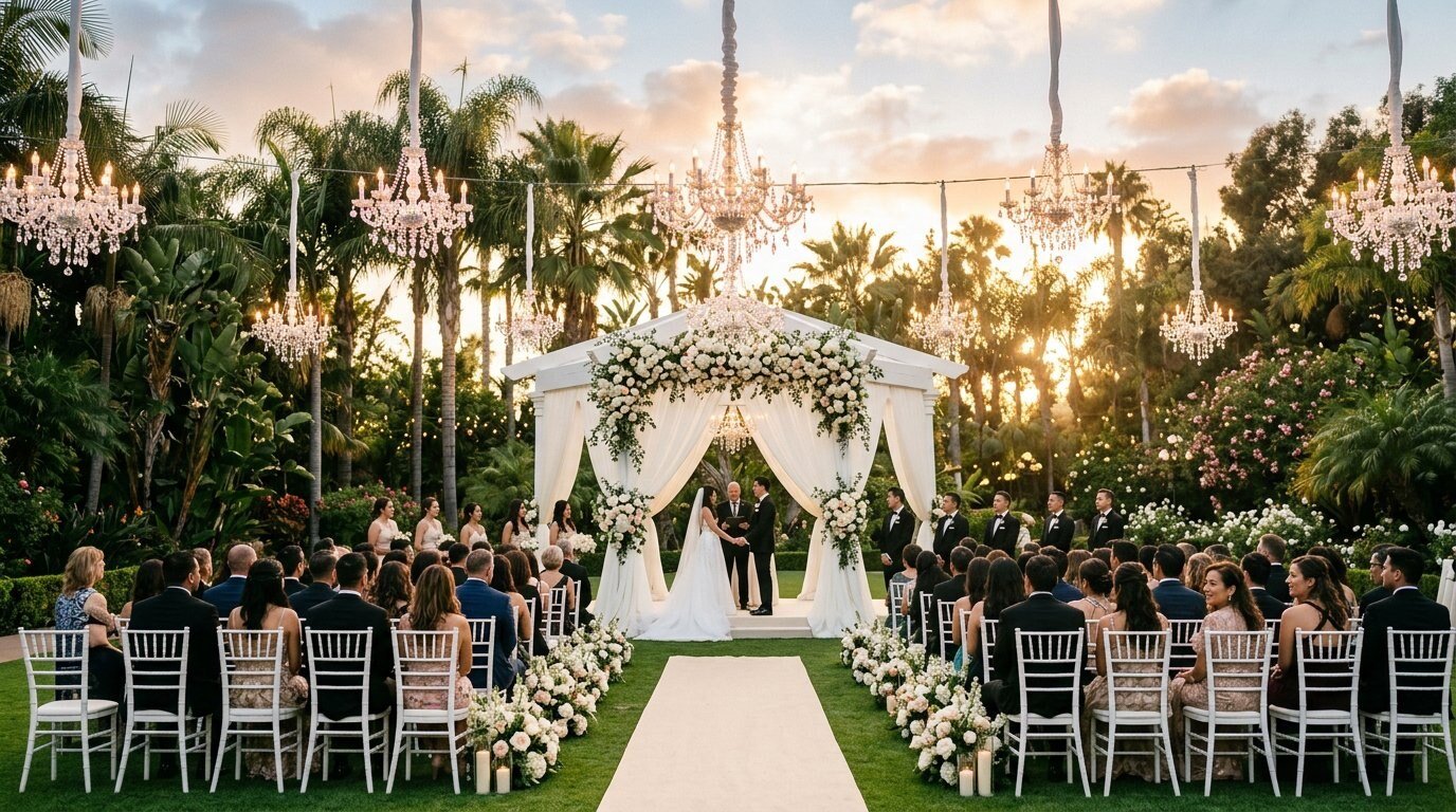 Luxury outdoor garden wedding ceremony with white arch